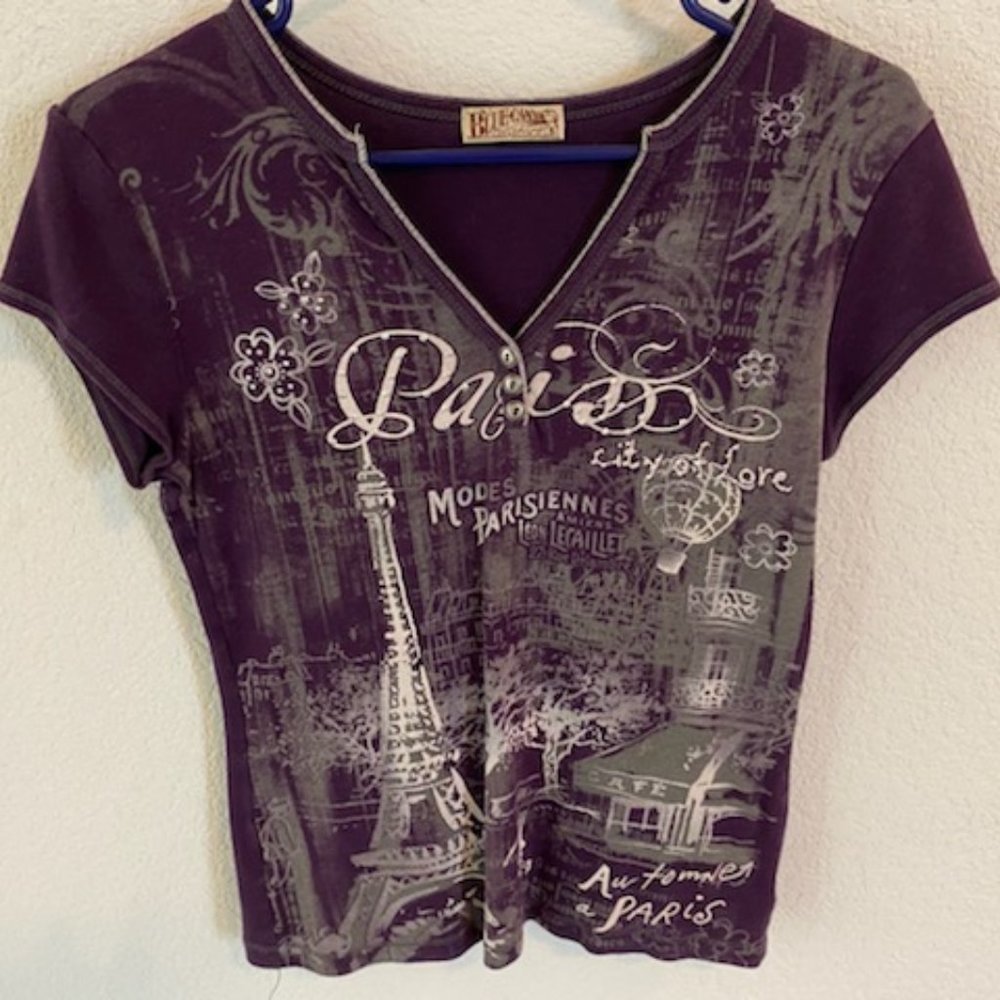 Blue Canyon PURPLE Eggplant & Ivory MUSCLE T ~ PARIS Eiffel Tower CRYSTALS * S